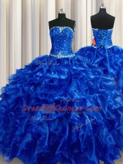 Fancy Royal Blue Sleeveless Floor Length Beading and Ruffles Lace Up Quince Ball Gowns