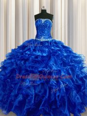 Fancy Royal Blue Sleeveless Floor Length Beading and Ruffles Lace Up Quince Ball Gowns