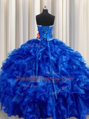 Fancy Royal Blue Sleeveless Floor Length Beading and Ruffles Lace Up Quince Ball Gowns