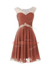Chiffon Scoop Cap Sleeves Zipper Beading Prom Party Dress in Brown