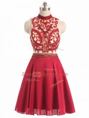 Red A-line Chiffon Halter Top Sleeveless Beading Mini Length Backless Prom Evening Gown