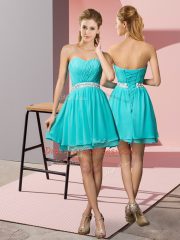 Aqua Blue Sleeveless Mini Length Beading Lace Up Prom Dress