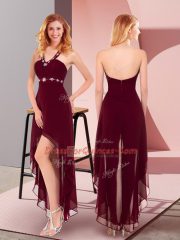 Burgundy Zipper Halter Top Beading Prom Dress Chiffon Sleeveless