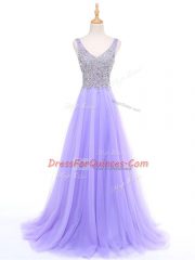 Beading Evening Dress Lavender Zipper Sleeveless Floor Length