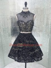 Sweet Black Sleeveless Mini Length Beading and Lace and Appliques Backless Dress for Prom