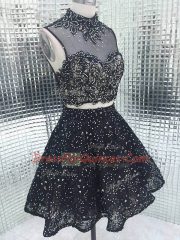 Sweet Black Sleeveless Mini Length Beading and Lace and Appliques Backless Dress for Prom