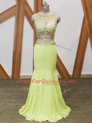 Extravagant Yellow Green Scoop Zipper Beading and Lace and Appliques Prom Gown Sleeveless