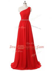 Empire Quinceanera Court Dresses Red One Shoulder Chiffon Sleeveless Floor Length Side Zipper