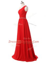 Empire Quinceanera Court Dresses Red One Shoulder Chiffon Sleeveless Floor Length Side Zipper