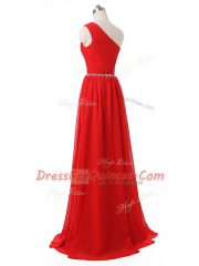 Empire Quinceanera Court Dresses Red One Shoulder Chiffon Sleeveless Floor Length Side Zipper