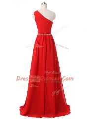 Empire Quinceanera Court Dresses Red One Shoulder Chiffon Sleeveless Floor Length Side Zipper