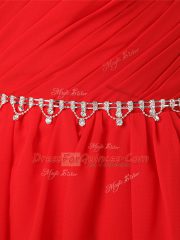 Empire Quinceanera Court Dresses Red One Shoulder Chiffon Sleeveless Floor Length Side Zipper