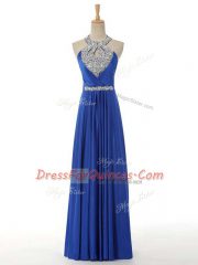 Royal Blue Zipper Halter Top Beading and Ruching Dress for Prom Elastic Woven Satin Sleeveless