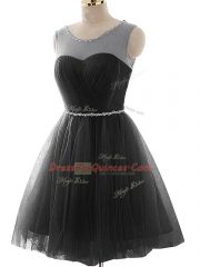Spectacular Black A-line Scoop Sleeveless Tulle Mini Length Lace Up Beading and Ruching Prom Party Dress