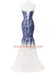 Zipper Evening Dress Blue And White for Prom and Military Ball and Sweet 16 with Beading and Lace and Appliques Brush Train