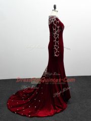 Brush Train Column/Sheath Dress for Prom Burgundy V-neck Elastic Woven Satin Long Sleeves Zipper