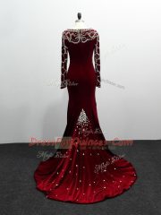 Brush Train Column/Sheath Dress for Prom Burgundy V-neck Elastic Woven Satin Long Sleeves Zipper