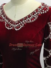 Brush Train Column/Sheath Dress for Prom Burgundy V-neck Elastic Woven Satin Long Sleeves Zipper