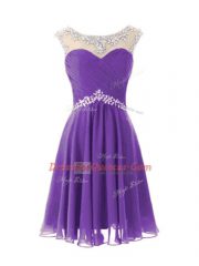 Graceful Eggplant Purple Chiffon Zipper Scoop Cap Sleeves Knee Length Prom Party Dress Beading