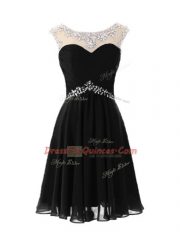 Black A-line Scoop Cap Sleeves Chiffon Knee Length Zipper Beading Prom Dresses