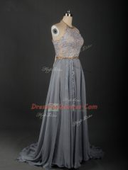 Extravagant Sleeveless Brush Train Lace Up Beading and Appliques Prom Gown