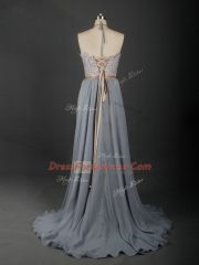 Extravagant Sleeveless Brush Train Lace Up Beading and Appliques Prom Gown
