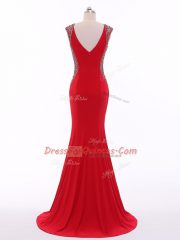 Red Zipper V-neck Beading Prom Gown Chiffon Sleeveless Brush Train