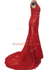 Red Column/Sheath Tulle Square Sleeveless Lace Zipper Homecoming Dress Brush Train