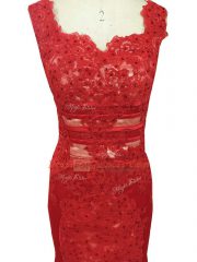 Red Column/Sheath Tulle Square Sleeveless Lace Zipper Homecoming Dress Brush Train