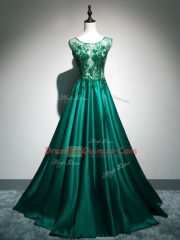 Custom Designed Beading and Lace and Appliques and Embroidery Prom Gown Dark Green Backless Sleeveless Brush Train