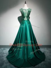 Custom Designed Beading and Lace and Appliques and Embroidery Prom Gown Dark Green Backless Sleeveless Brush Train