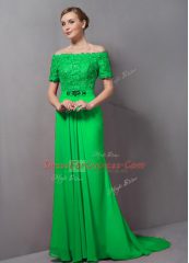 Graceful Off The Shoulder Zipper Lace Prom Dress Sweep Train Short Sleeves