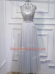 Customized Floor Length Grey Tulle Sleeveless Beading and Sequins