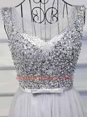 Customized Floor Length Grey Tulle Sleeveless Beading and Sequins