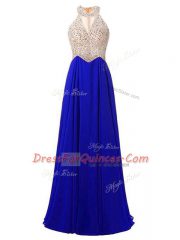Dazzling Empire Evening Dress Royal Blue High-neck Chiffon Sleeveless Floor Length Zipper