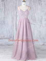 Custom Designed Pink Sleeveless Lace Floor Length Dama Dress for Quinceanera
