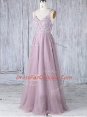 Custom Designed Pink Sleeveless Lace Floor Length Dama Dress for Quinceanera