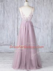 Custom Designed Pink Sleeveless Lace Floor Length Dama Dress for Quinceanera