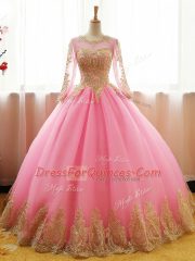 Pink Ball Gowns Scoop Long Sleeves Organza Floor Length Lace Up Appliques Quinceanera Dresses