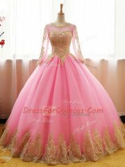 Pink Ball Gowns Scoop Long Sleeves Organza Floor Length Lace Up Appliques Quinceanera Dresses