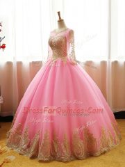 Pink Ball Gowns Scoop Long Sleeves Organza Floor Length Lace Up Appliques Quinceanera Dresses