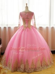 Pink Ball Gowns Scoop Long Sleeves Organza Floor Length Lace Up Appliques Quinceanera Dresses