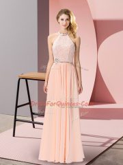 Custom Fit Peach Homecoming Dress Prom and Party with Sequins Halter Top Sleeveless Backless