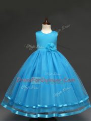 Baby Blue Scoop Zipper Hand Made Flower Little Girls Pageant Gowns Sleeveless