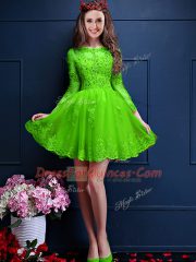 Scalloped 3 4 Length Sleeve Chiffon Quinceanera Court of Honor Dress Beading and Lace and Appliques Lace Up