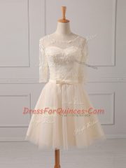 Champagne Lace Up Scoop Lace and Belt Quinceanera Court of Honor Dress Tulle Half Sleeves