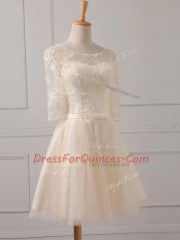 Champagne Lace Up Scoop Lace and Belt Quinceanera Court of Honor Dress Tulle Half Sleeves