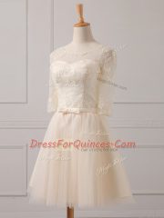 Champagne Lace Up Scoop Lace and Belt Quinceanera Court of Honor Dress Tulle Half Sleeves