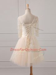 Champagne Lace Up Scoop Lace and Belt Quinceanera Court of Honor Dress Tulle Half Sleeves