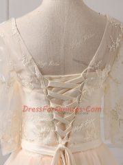 Champagne Lace Up Scoop Lace and Belt Quinceanera Court of Honor Dress Tulle Half Sleeves